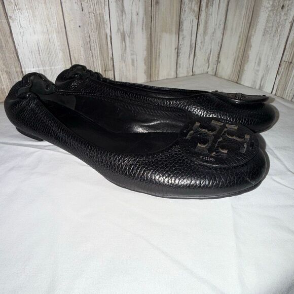 Tory Burch Black Leather Logo Ballet Flats | Classic Round Toe Slip-On Shoes Siz - Picture 1 of 12